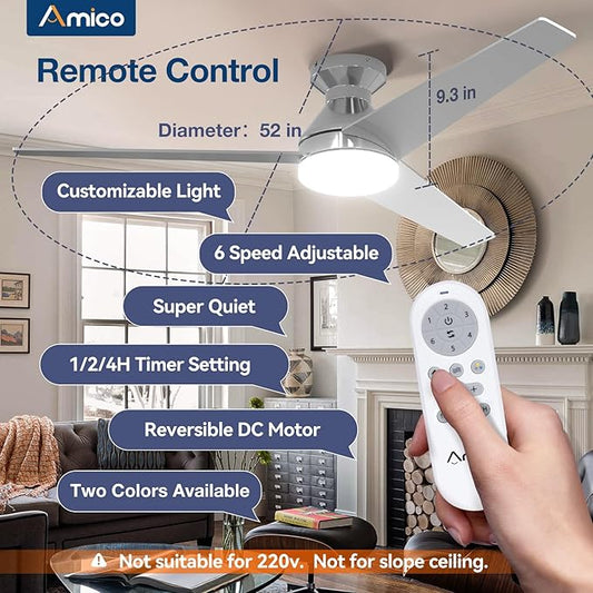 Amico Ceiling Fans with Lights, 52 inch Low Profile Ceiling fan with Light and Remote Control, Flush Mount, Reversible, 3CCT, Dimmable, Noiseless, Nickel Ceiling Fan for Bedroom, Indoor/Outdoor Use