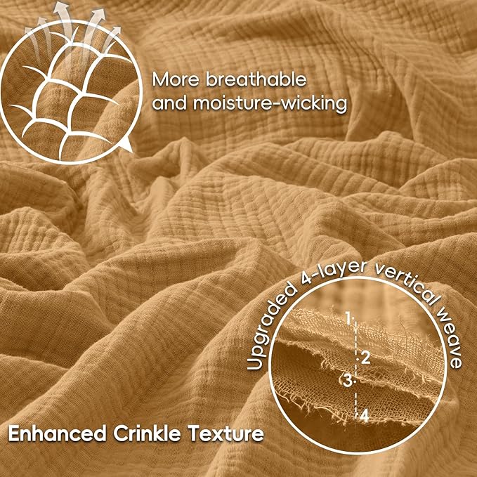 PHF 100% Cotton Muslin Throw Blanket 50" x 60", 4-Layer Lightweight Gauze Throw, Breathable Cloud-Soft Minimalist Blanket for Bed, Couch, Camping & Baby, Amber, Ideal Gift