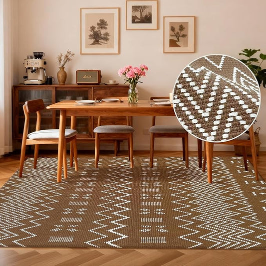 Washable Area Rug 5x7 ft,Rubber Backed Non Slip Faux Jute Rug for Office,Living Room and Bedroom Braided Rug,Indoor Floor Carpets for Dining Room,Farmhouse,Brown/White