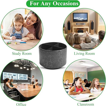 lizimandu Round Leather Art Supply Organizer,Remote Control Holder,360 Degree Spinning,Multi-Functional Pencil Holder,4 Compartments Desktop Stationary Organizer(1-Liuli Black)