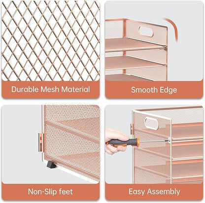 7 Tier Paper Organizer - Mesh Desktop File Holder with Handles for Office School Desk (Rose Gold)