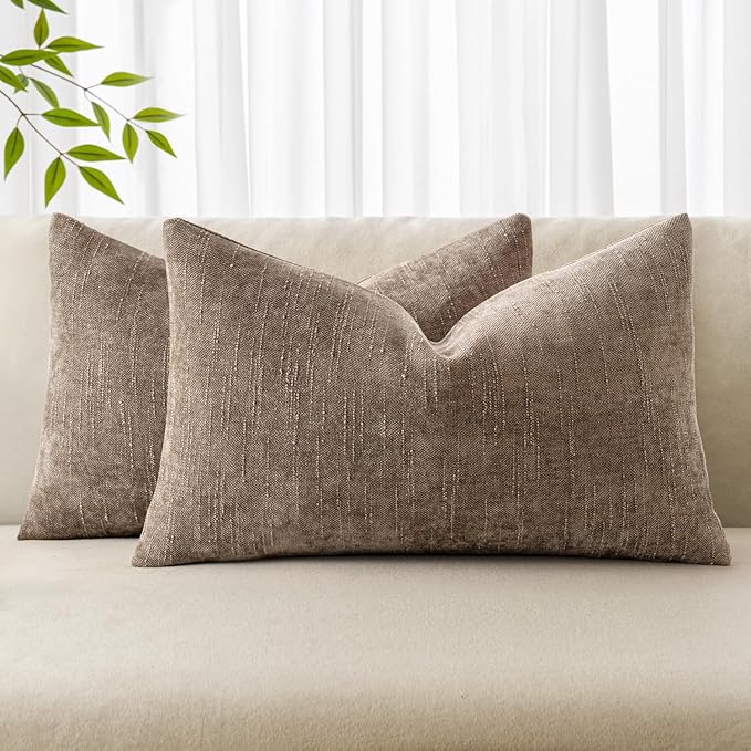 MIULEE Pack of 2 Decorative Throw Pillow Covers Soft Chenille Throw Pillows Solid Textured Lumbar Cushion Covers for Couch Sofa Bedroom Living Room 12x20 Inch, Taupe Grey