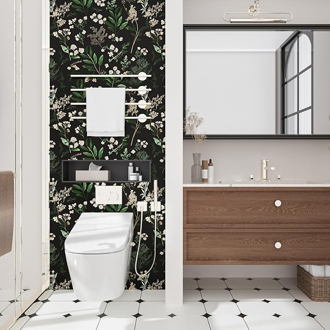 Dark Floral Wallpaper Peel and Stick Green Leaf Wallpaper Vintage Flowers Contact Paper Waterproof Self Adhesive Boho Delicate Wall Paper for Cabinet Kitchen Walls Locker 17.5in x32.8ft