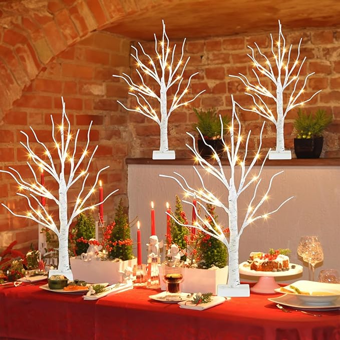 PEIDUO Christmas Decorations for Home, 2FT Christmas Tree with LED Lights, Warm White Lights, Fairy Light Spirit Tree for Room Inside Fireplace Decor, Battery Powered, Timer (4PK)