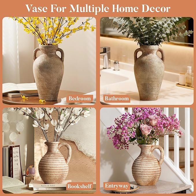 Ceramic Flower Vase Rustic Terracotta Vase with Handles Neutral Clay Pitcher Antique Vase for Home Decor,8 Inch Farmhouse Boho Vases for Living Room,Dining Table,Enterway,Shelf,Fireplace