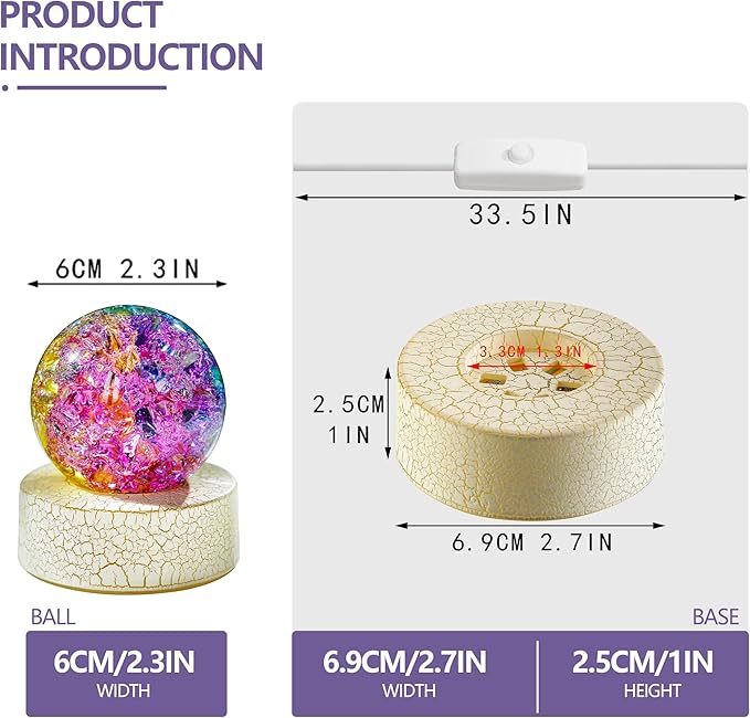 ZEERSHEE 2.3inch Colorful Ice Cracked Crystal Ball with Warm Light Base Glass Decorative Ball Paperweight Home Decor Fengshui Accessories Ornament