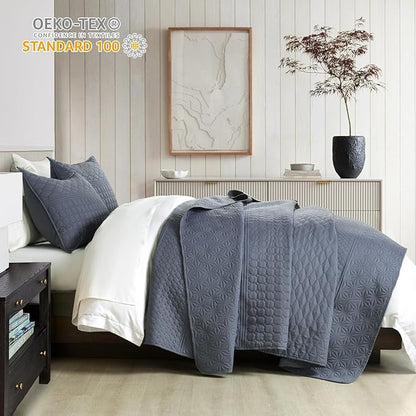 HORIMOTE HOME Steel Blue Twin Size Quilt Set - Soft Microfiber Bedspread with 1 Sham, Lightweight & All-Season Geometric Coverlet for Cozy Bedding