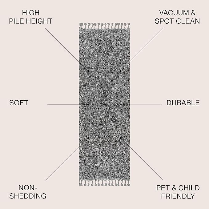 JONATHAN Y Mercer Shag Plush Tassel Charcoal Runner Rug, 2x8, Contemporary, Modern, Easy-Cleaning for Living Room, Bedroom, Kitchen, Pet Friendly, Non-Shedding (MCR100B-28)