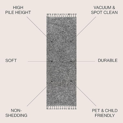 JONATHAN Y Mercer Shag Plush Tassel Charcoal Runner Rug, 2x8, Contemporary, Modern, Easy-Cleaning for Living Room, Bedroom, Kitchen, Pet Friendly, Non-Shedding (MCR100B-28)