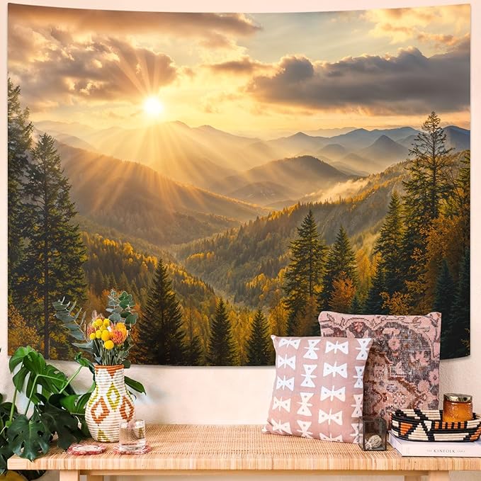 kampdream Landscape Tapestry, Scenery Art Wall Tapestries, Nature Wall Decor for Bedroom Living Room Backdrop Warm Sunset Mountain 44×60 inches