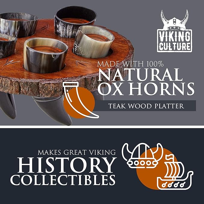 Viking Culture Viking Horn Drinking Cup Shot Glasses with Vintage Axe Bottle Opener, Coasters, and Rustic Wood Display Stand, Toasting Vessels for Party, Event, Bachelors