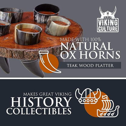 Viking Culture Viking Horn Drinking Cup Shot Glasses with Vintage Axe Bottle Opener, Coasters, and Rustic Wood Display Stand, Toasting Vessels for Party, Event, Bachelors