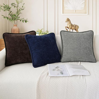 CaliTime Decorative Couch Throw Pillow Covers 16 X 16 Inches Pack of 2 Cozy Chenille Piping Edge Cushion Cases for Sofa Bed Living Room Home Navy Blue