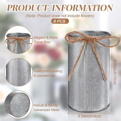 Domensi 5.91 in High Farmhouse Vase Decor Galvanized Metal Flower Vase with Twine Bow Vintage Rustic Tin Flower Buckets for Artificial Floral Table Container DIY(Iron Color,8 Pcs)