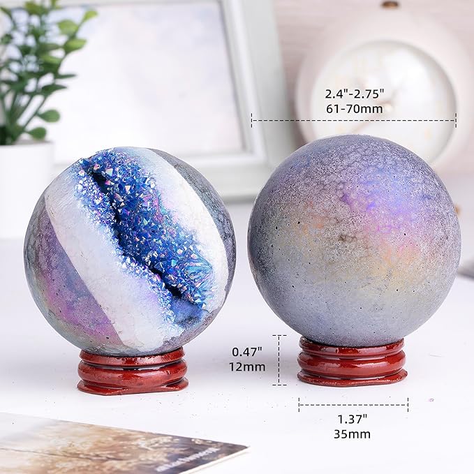 Sportmusies Titanium Coated Rock Crystal Geode Ball with Wooden Stand, Druzy Quartz Stone Cluster Sphere Reiki Home Office Decoration, Blue