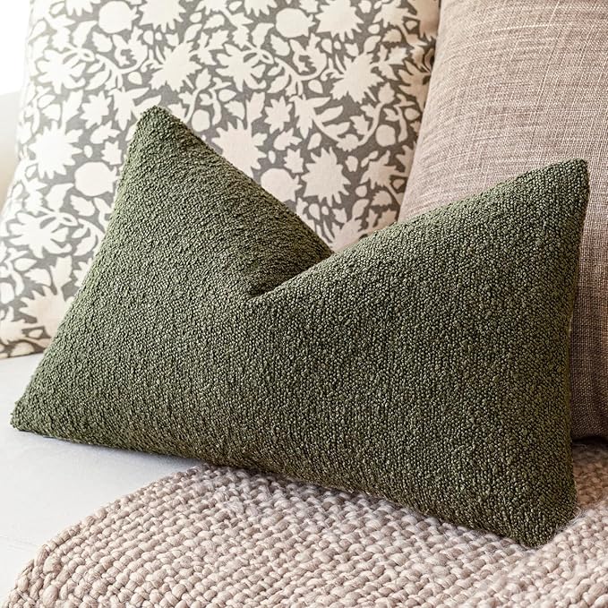 Foindtower Decorative Textured Boucle Throw Pillow Covers Accent Solid Lumbar Pillow Cases Neutral Soft Cozy Couch Cushion Case for Chair Sofa Bedroom Living Room Home Decor 12x20 Inch,1PC,Moss Green
