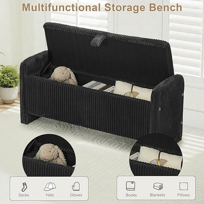 44" Storage Ottoman Bench, Upholstered End of Bed Storage Benches, Rectangle Ottoman with Storage for Bedroom, Entryway, Corduroy Black