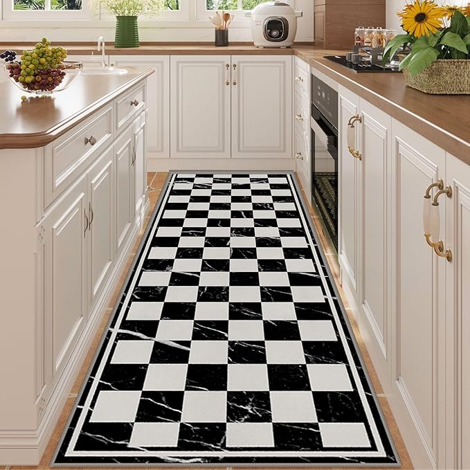 Grey Black Checkered Kitchen Hallway Carpet, 4x10ft, Abstract Black Marble Indoor Decor Washable Rugs, Durable Soft Cozy Non Slip Rug, Breathable Non Shedding Mats for Front Porch