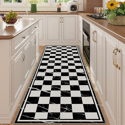 Grey Black Checkered Kitchen Hallway Carpet, 4x12ft, Abstract Black Marble Indoor Decor Washable Rugs, Durable Soft Cozy Non Slip Rug, Breathable Non Shedding Mats for Front Porch