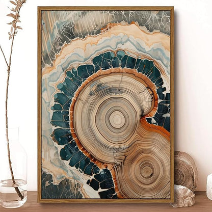 IBHJSART Framed Tree Ring Canvas Wall Art Vintage Colorful Wood Stump Painting Prints Modern Minimalist Pictures Neutral Nature Rustic Farmhouse Decor Living Room Bedroom Bathroom Office