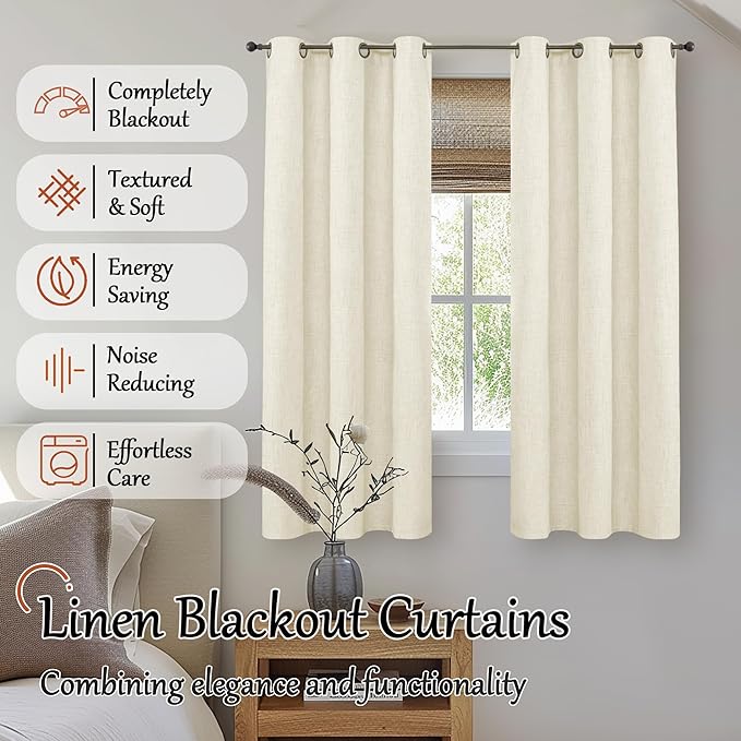 Lajode Linen Blackout Curtains for Bedroom Narrow Window, Thermal Insulated Complete Light Blocking Privacy Soundproof Small Curtains for Basement, Each 38 Inch Wide 63 Inch Length 2 Panels, Cream