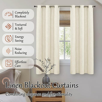 Lajode Linen Blackout Curtains for Bedroom Narrow Window, Thermal Insulated Complete Light Blocking Privacy Soundproof Small Curtains for Basement, Each 38 Inch Wide 63 Inch Length 2 Panels, Cream