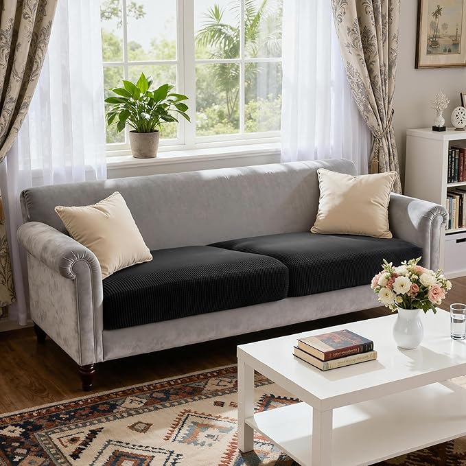 CHUN YI 2 Piece Couch Cushion Covers for Sofa Seat Slipcovers Suitable with Spandex Jacquard Washable Fabric (2 Piece Sofa Cushion Covers, Black)