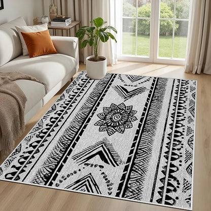 Area Rugs Moroccan for Living Room 4x5, Washable Non-Slip Boho Rug, Neutral Farmhouse Soft Carpet for Bedroom, Kitchen, Dining Room, Entryway, Geometric Print Tribal Carpets, Black and White
