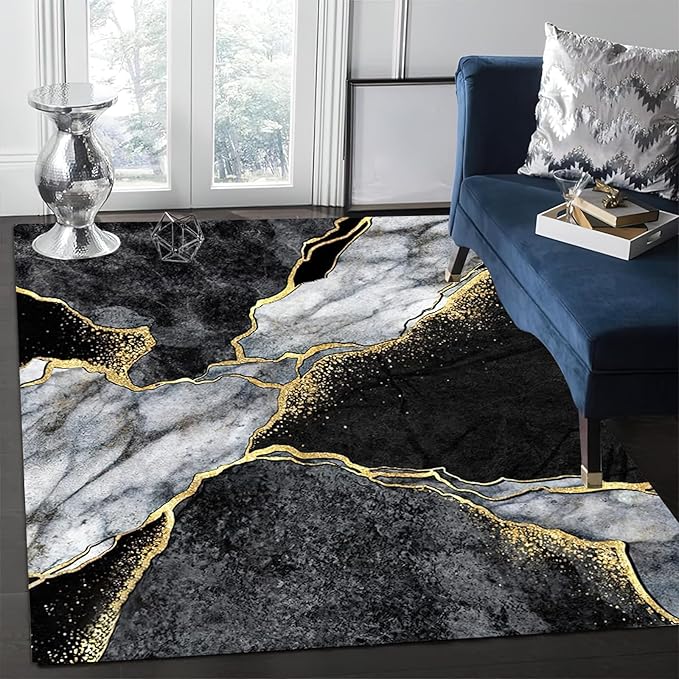 Vintage Abstract Marble Area Rug, Marble Black Gold Non Slip Stain Resistant Print Rugs, Soft Machine Washable Carpet for Indoor Bedroom Living Room Office Decor Rug - 6 ft x 9 ft
