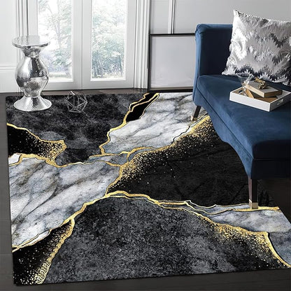 Vintage Abstract Marble Area Rug, Marble Black Gold Non Slip Stain Resistant Print Rugs, Soft Machine Washable Carpet for Indoor Bedroom Living Room Office Decor Rug - 6 ft x 9 ft