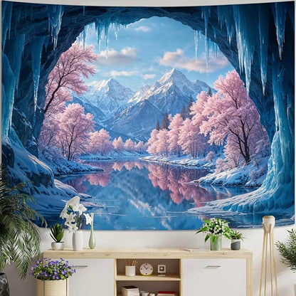 kampdream Fantasy Winter Scenery Tapestry, Ice Cave Landscape with Frozen Lake and Cherry Blossom Forest Wall Hanging, Landscape Nature Home Decor for Bedroom and Living Room Wall Art Decoration