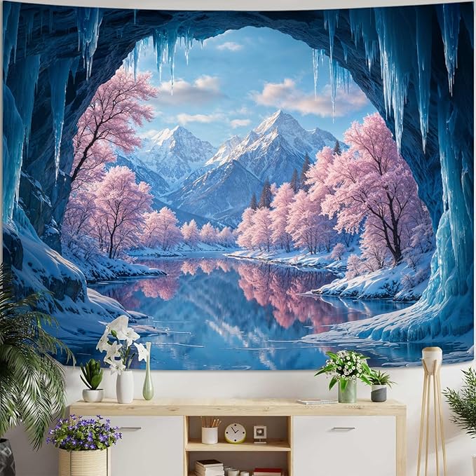 kampdream Fantasy Winter Scenery Tapestry, Ice Cave Landscape with Frozen Lake and Cherry Blossom Forest Wall Hanging, Landscape Nature Home Decor for Bedroom and Living Room Wall Art Decoration