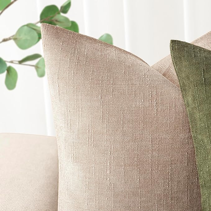 Foindtower Set of 2 Soft Textured Chenille Throw Decorative Pillow Covers Square Accent Solid Cushion Cover Cozy Neutral Farmhouse Pillow Case for Couch Sofa Bedroom Living Room 18x18 Inch,Cream Camel