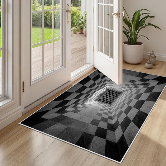 3D Rug 7x10, Plaid Soft Ultra Soft Faux Wool Low Pile Optical Illusion Rug, Indoor Floor Mats Abstract Geometric Carpet, Non-Slip Stain Resistant Washable Rugs, Modern Gray Rugs for Living Room