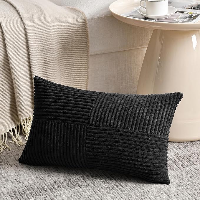 Fancy Homi 2 Packs Black Lumbar Decorative Throw Pillow Covers 14x22 Inch for Living Room Couch Bed Sofa, Rustic Farmhouse Boho Home Decor, Soft Striped Corduroy Rectangle Accent Cushion Case 35x55 cm