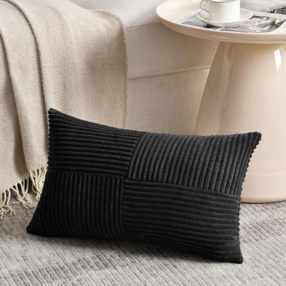 Fancy Homi 2 Packs Black Lumbar Decorative Throw Pillow Covers 14x22 Inch for Living Room Couch Bed Sofa, Rustic Farmhouse Boho Home Decor, Soft Striped Corduroy Rectangle Accent Cushion Case 35x55 cm