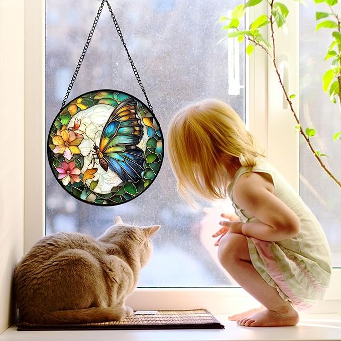 DASTOLL Stained Glass Window Hanging, Butterfly Flower Sun Catchers Diamond Glass Panel Hangings Insect Suncatcher Decor for Birthday for Women, Men, Wife, Aunt, and Mom 15x15 in