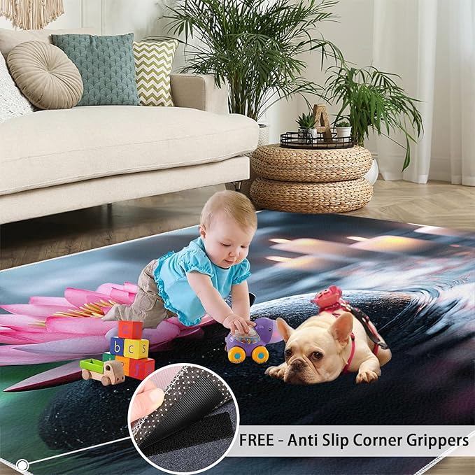 Zen Stones Washable Area Rug 4x5, Pink Petals Soft Rugs for Living Room Recuperative Spa Carpet Area Rugs for Bedroom Dining Room Non-Slip Stain Resistant Rug