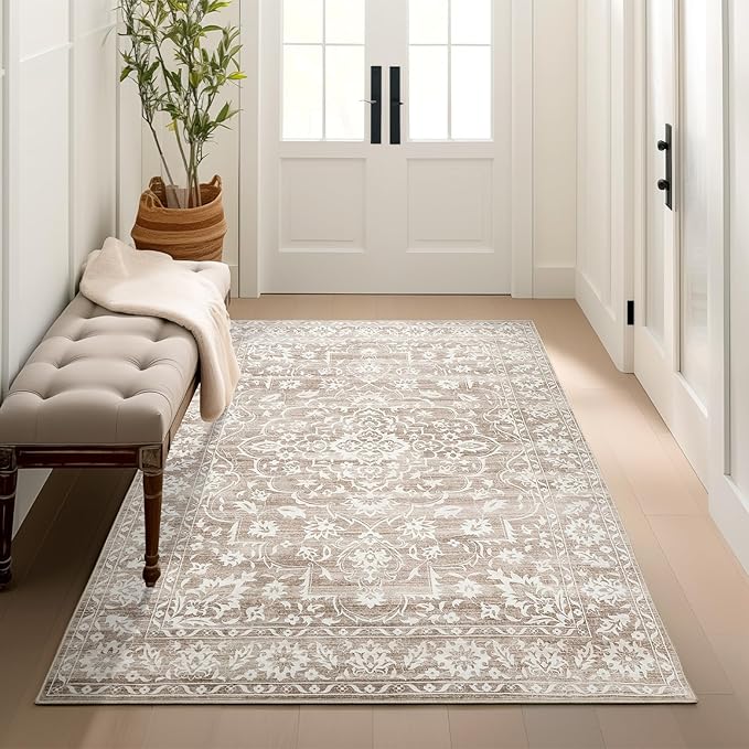 3x5 Rug, Small Area Rug for Kitchen, Entryway, Machine Washable Non-Slip Throw Rug, Floral Dorm Rug Entryway Vintage Carpet for Nursery Coffee Table Light Brown