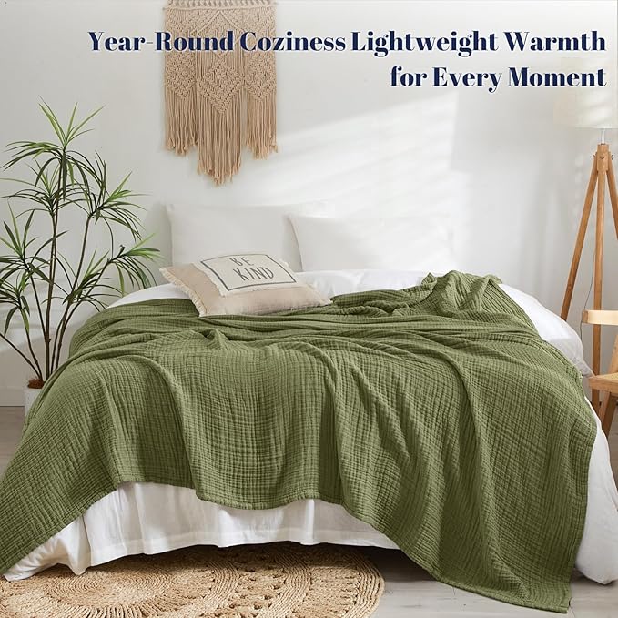 PHF 100% Cotton Muslin Blanket Queen Size 90"x90", 4-Layer Lightweight Gauze Throw, Breathable Cloud-Soft Minimalist Blanket for Bed, Couch, Camping & Baby, Olive Green, Ideal Gift