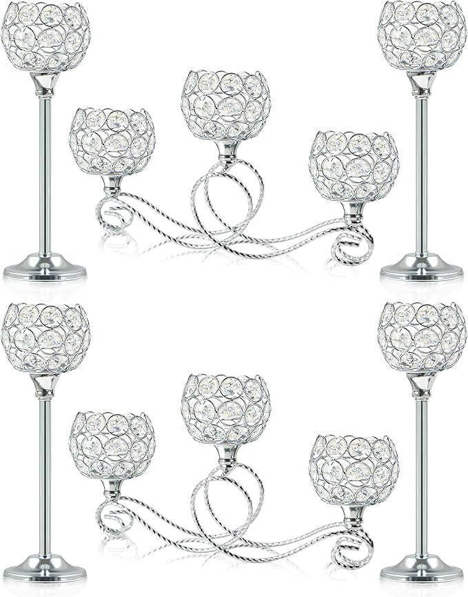 Silver Set of 6 Metal Crystal Tea Light Candle Holder, Elegant Wedding Table Centerpiece Candle Holder, Christmas Wishing Crystal Bowl Candle Holder Suitable for Wedding Party Living Room Decoration