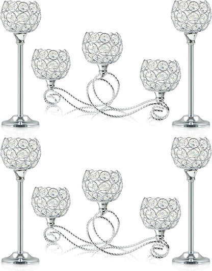 Silver Set of 6 Metal Crystal Tea Light Candle Holder, Elegant Wedding Table Centerpiece Candle Holder, Christmas Wishing Crystal Bowl Candle Holder Suitable for Wedding Party Living Room Decoration