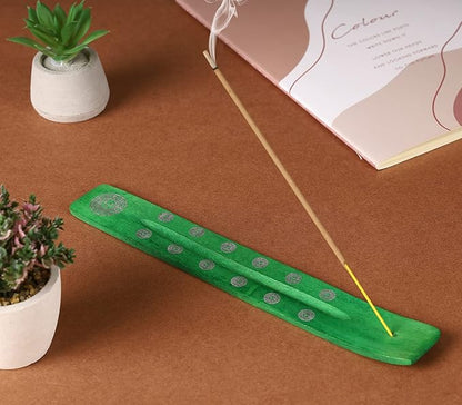 Bless-International Traditional-Handmade-Burner Wooden-Incense-Stick-Holder Ash-Catcher-Stand for-Aromatherapy-Meditation-Yoga (Earth Green) 10 Inches, Pack of 2