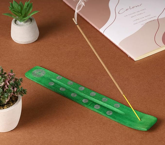 Bless-International Traditional-Handmade-Burner Wooden-Incense-Stick-Holder Ash-Catcher-Stand for-Aromatherapy-Meditation-Yoga (Earth Green) 10 Inches, Pack of 2