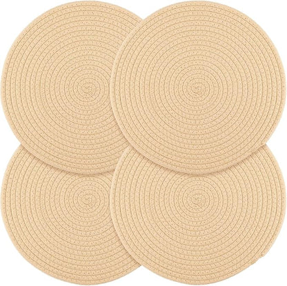 Billbotk Round Woven Placemats Set of 4, 13 Inches Table Place Mats for Dining Table, Hot Pads for Kitchen, Trivets for Hot Dishes, Pots and Pans,Tabletop Accessories(Beige)