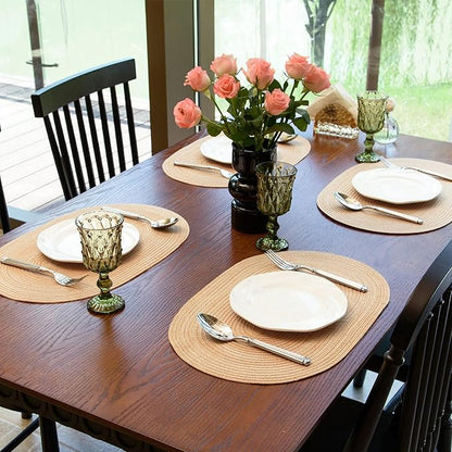 Noctiflorous Oval Braided Placemats Set of 6 Woven 12x18 Inch Non Slip Washable Heat Resistant Place Mats Round Tablemats for Dining Kitchen Party Daily Table Decor Dinner Mats (Beige Brown, 6)