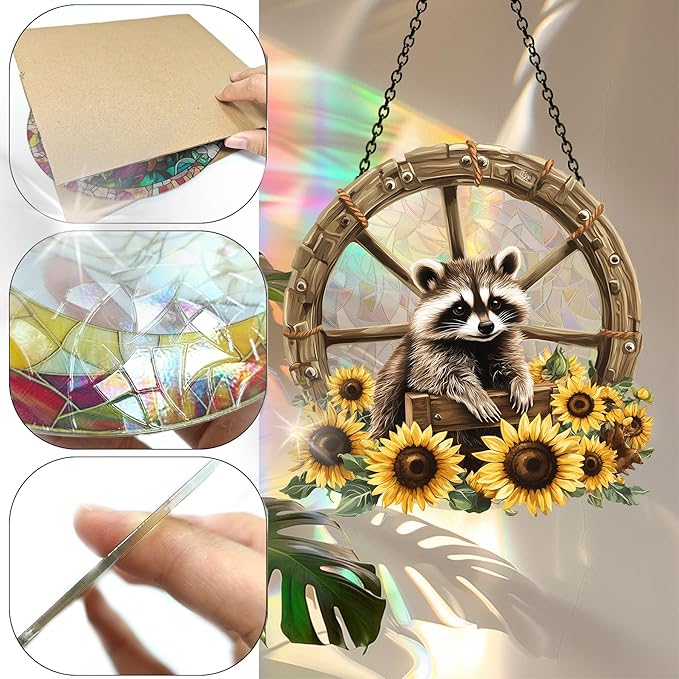 Bimkole Raccoon Sun Catchers Indoor Window - Sunflowers Acrylic Suncatcher Hanging Decoration for Living Room Bedroom Summer Home Balcony Outdoor Garden Ornaments Decoration 7.8x7.8 Inch