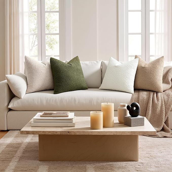 ANRODUO Pack of 2 Textured Boucle Throw Pillow Covers Soft White Decorative Accent Solid Pillow Cases Cozy Modern Couch Cushion Case for Chair Sofa Bedroom Living Room Spring Home Decor, 18 x 18 Inch
