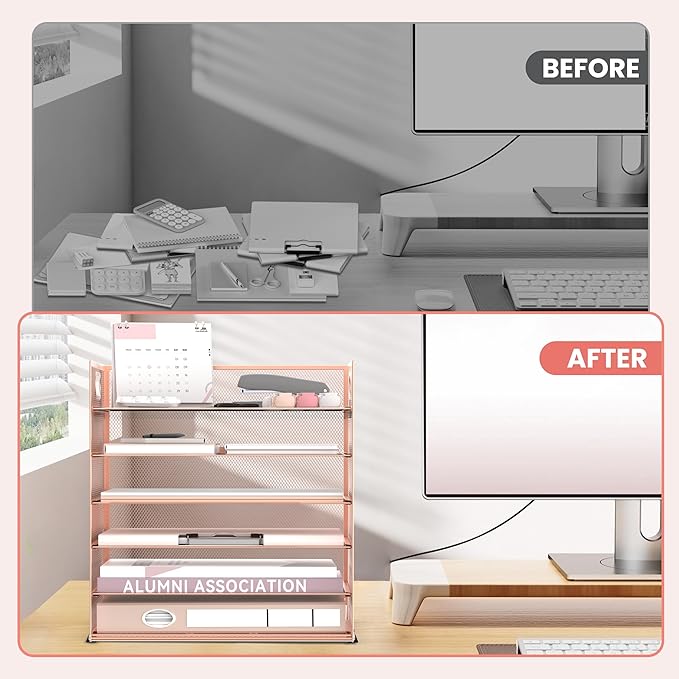 Daltack 6 Tier Paper Organizer for Desk, Paper Letter Tray Organizer for Desks, Mesh Desk File Organizers with Handle for Office, Home, School, Rose Gold, 2 Pack