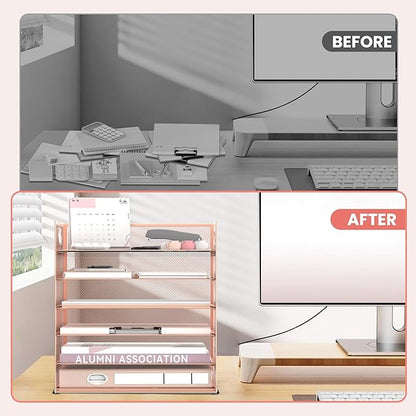 Daltack 6 Tier Paper Organizer for Desk, Paper Letter Tray Organizer for Desks, Mesh Desk File Organizers with Handle for Office, Home, School, Rose Gold, 2 Pack